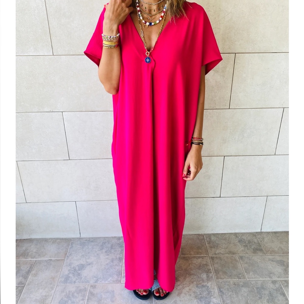 45 Boho V neck Oversized Caftan Maxi Dress